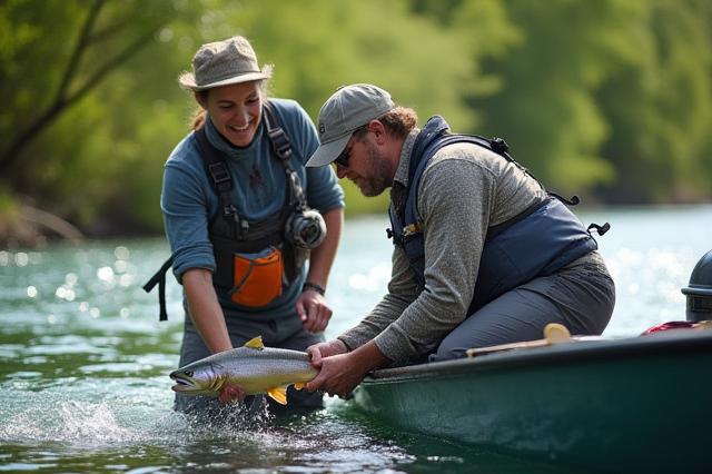 Pescador en un río, siendo guiado por un experto, con equipo de pesca profesional.