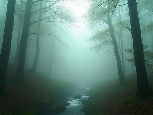 Bosque denso con niebla matutina cerca de un río