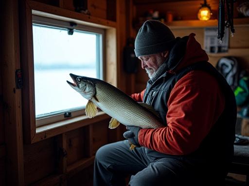 Pescador en cabaña de hielo con un lucio