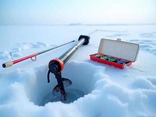Equipo de pesca en hielo sobre lago congelado
