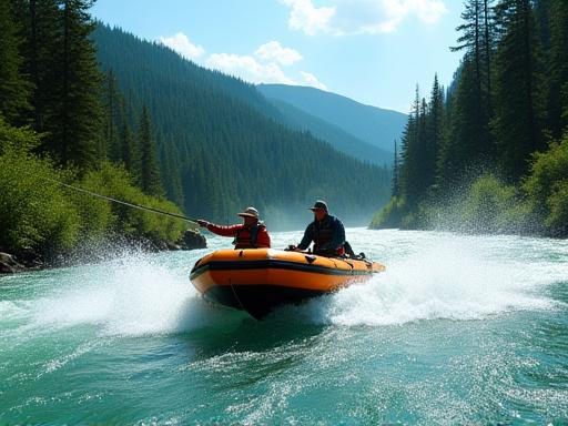 Bote de pesca navegando en rápidos de río