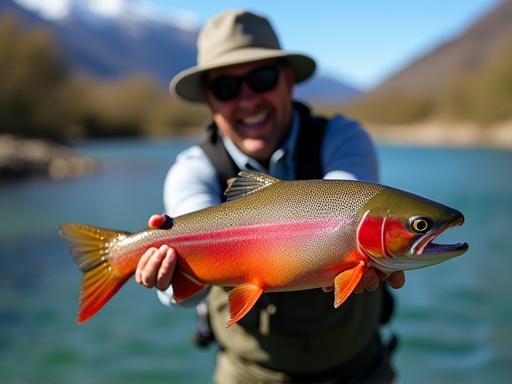 Pescador con trucha grande en río patagónico