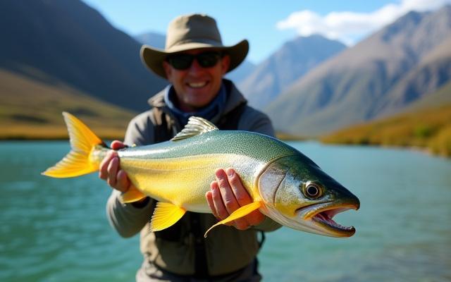 Pescador con una gran captura en un río
