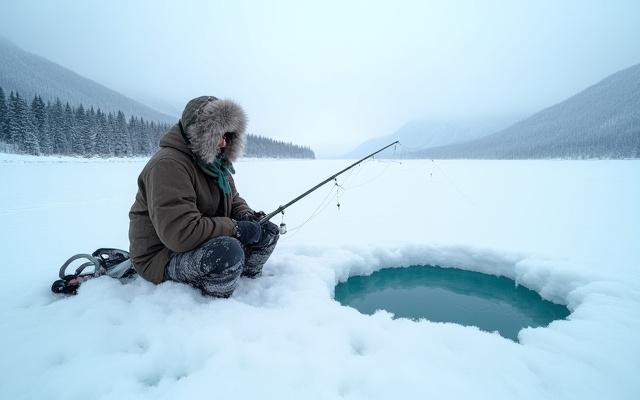 Expedición de pesca en hielo en un paisaje nevado