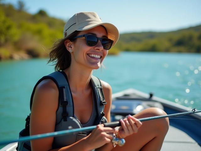 Ana Rodríguez, joven y entusiasta guía de pesca deportiva, riendo en un bote con una caña