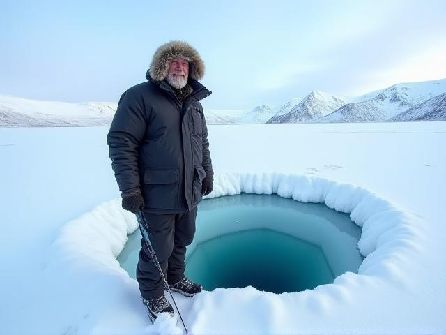 Carlos Gómez, guía de pesca en hielo con 20 años de experiencia, en un paisaje nevado