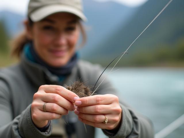 María Fernández, guía de pesca con mosca con 10 años de experiencia, atando una mosca